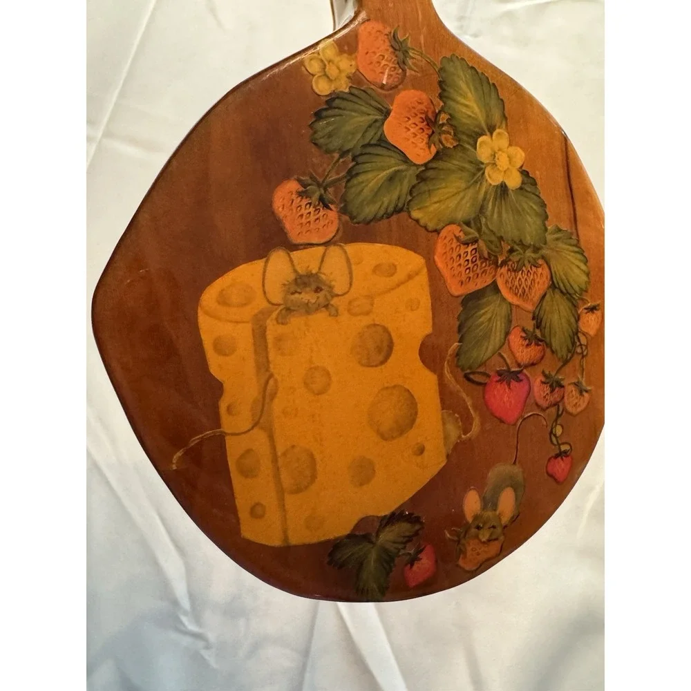 Vintage Thick Hand Carved & Painted Strawberries & Cheese Wood Cutting Board
